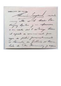 Tarjetón manuscrito de Germán Vergara Donoso a Carlos Spiteri. Madrid, 9 de mayo 1941