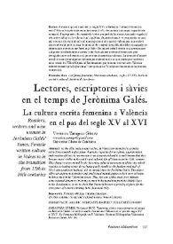 Lectores, escriptores i sàvies en el temps de Jerònima Galés. La cultura escrita femenina a València en el pas del segle XV al XVI