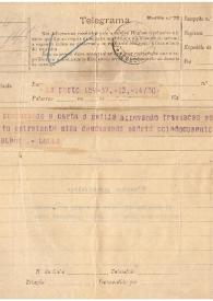 Telegrama de Livraria Chardron de Lelo & Irmão a Carmen de Burgos. Lisboa, 13 de mayo de 1920