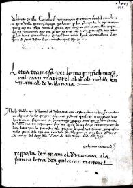 Portada:Correspondència de Galceran Martorell amb Manuel de Villanova i Ausias March conservada al Ms. 7811. Lletres de Batalla, de la Biblioteca Nacional de Madrid