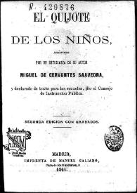 Portada:El Quijote de los niños / Abreviado por un entusiasta de su autor Miguel de Cervantes Saavedra