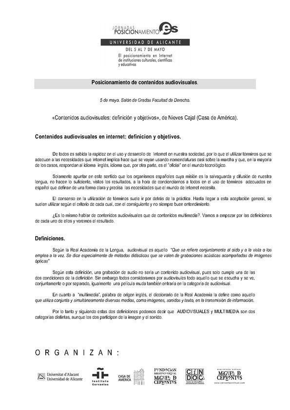 Contenidos audiovisuales : definición y objetivos / de Nieves Cajal | Biblioteca Virtual Miguel de Cervantes