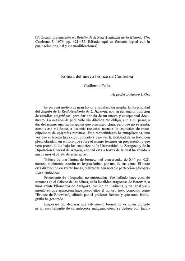 Noticia del nuevo bronce de Contrebia / Guillermo Fatás | Biblioteca Virtual Miguel de Cervantes