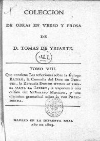 Portada:Colección de obras en verso y prosa de D. Tomás de Yriarte. Tomo 8