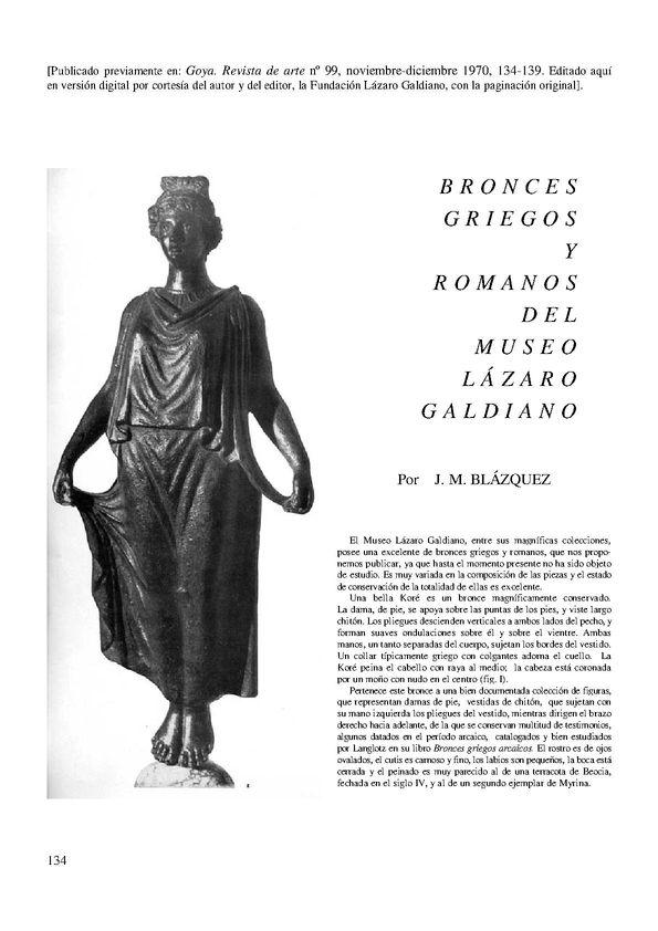 Bronces griegos y romanos del Museo Lázaro Galdiano / José María Blázquez Martínez | Biblioteca Virtual Miguel de Cervantes