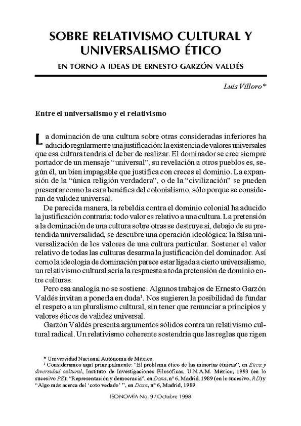 Sobre relativismo cultural y universalismo ético. En torno a ideas de Ernesto Garzón Valdés / Luis Villoro | Biblioteca Virtual Miguel de Cervantes