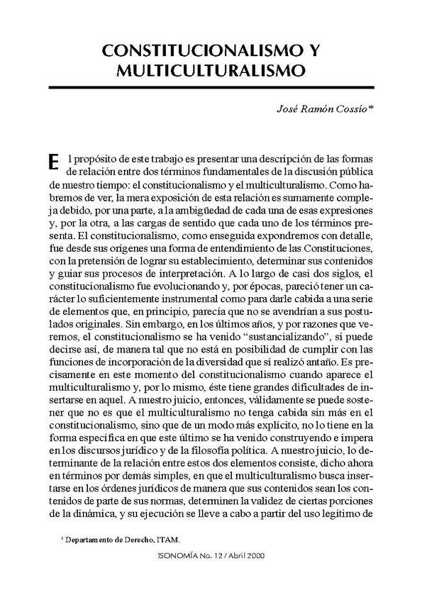 Constitucionalismo y multiculturalismo / José Ramón Cossío | Biblioteca Virtual Miguel de Cervantes