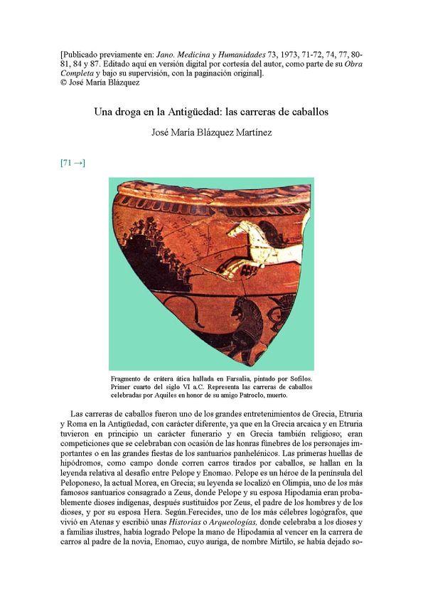 Una droga en la Antigüedad : las carreras de caballos / José María Blázquez Martínez | Biblioteca Virtual Miguel de Cervantes