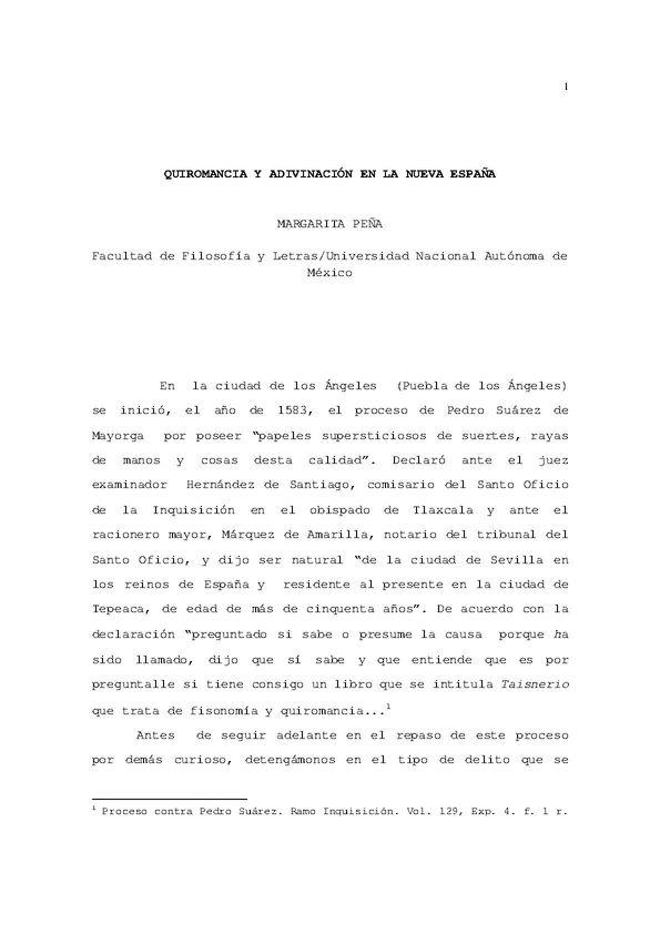 Quiromancia y adivinación en la Nueva España / Margarita Peña Muñoz | Biblioteca Virtual Miguel de Cervantes