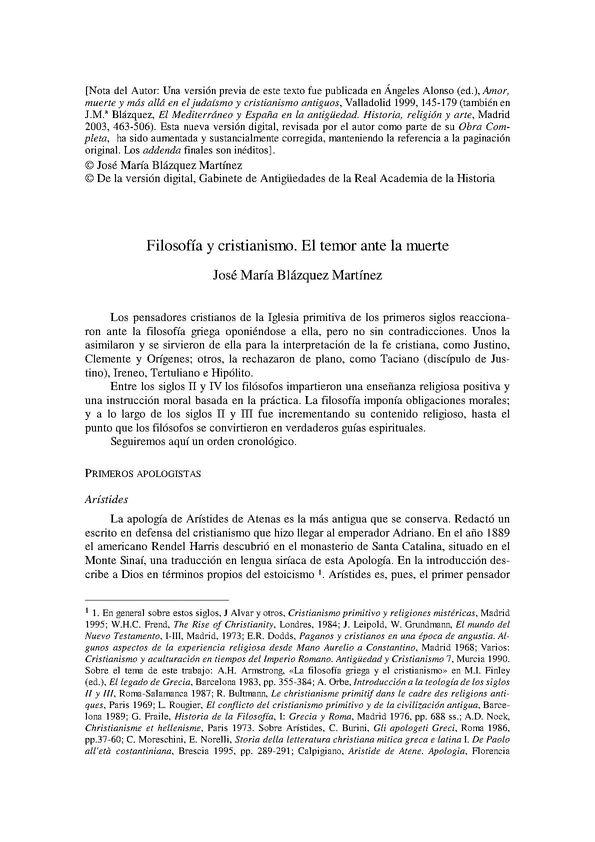 Filosofía y cristianismo. El temor ante la muerte / José María Blázquez Martínez | Biblioteca Virtual Miguel de Cervantes