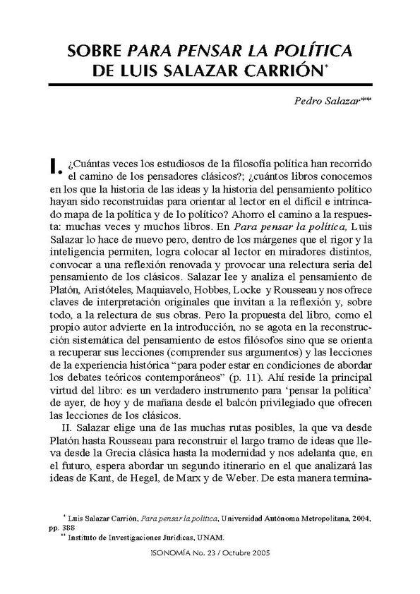 Sobre "Para pensar la política" de Luis Salazar Carrión / Pedro Salazar | Biblioteca Virtual Miguel de Cervantes