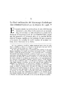 Portada:La Real confirmación del Mayorazgo fundado por don Cristóbal Colón el 22 de febrero de 1498 / Ángel de Altolaguirre