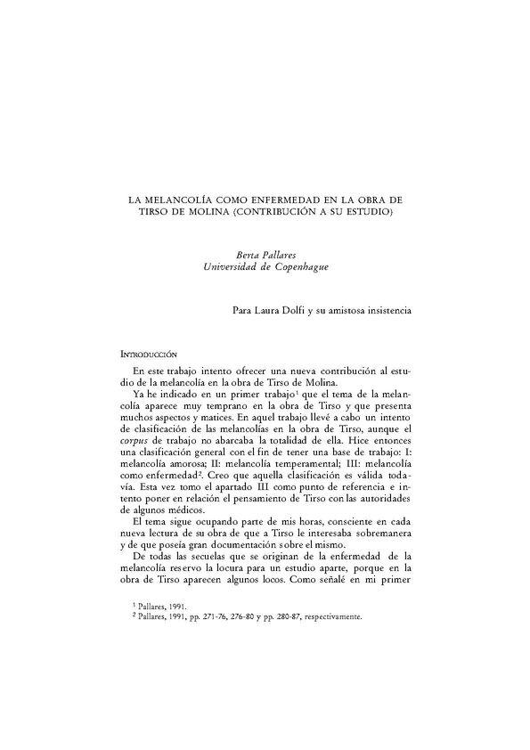 La melancolía como enfermedad en la obra de Tirso de Molina (contribución a su estudio) / B. Pallares | Biblioteca Virtual Miguel de Cervantes