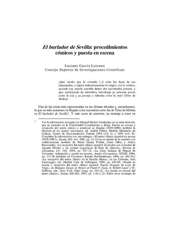 "El burlador de Sevilla": procedimientos cómicos y puesta en escena / L. García Lorenzo | Biblioteca Virtual Miguel de Cervantes
