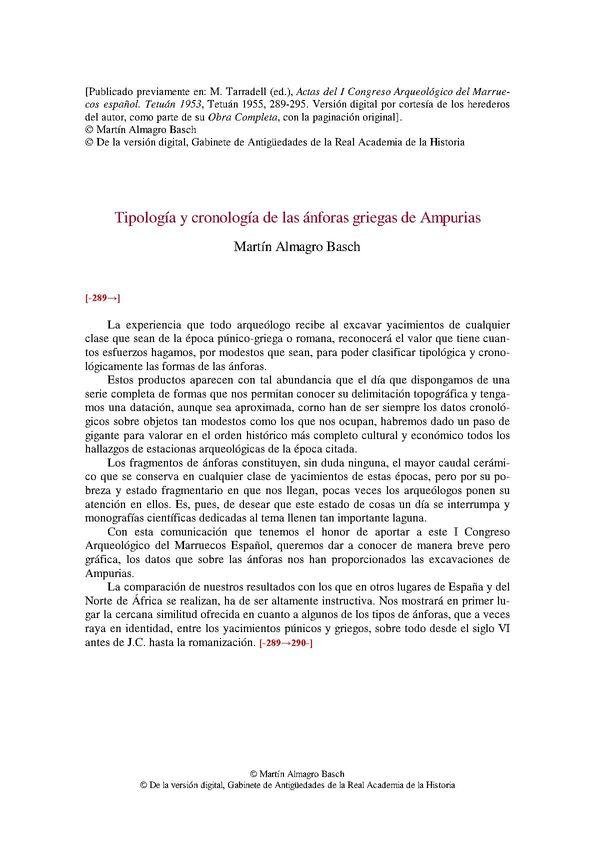 Tipología y cronología de las ánforas griegas de Ampurias / Martín Almagro Basch | Biblioteca Virtual Miguel de Cervantes