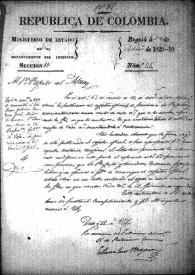 Portada:Notificación del Ministro de Estado en el Departamento de Interior, en funciones, en la que se autoriza a cambiar las formas de anotación en el Registro Oficial, establecidas en el art. 6º del decreto de 17 de noviembre. (Bogotá, 29 de septiembre de 1829-19º)