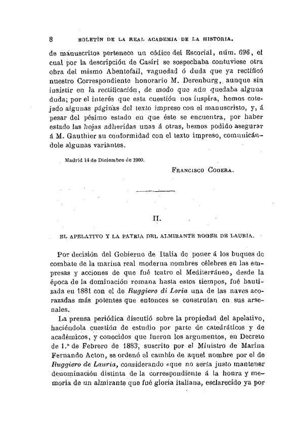 El apelativo y la patria del almirante Roger de Lauria / Cesáreo Fernández Duro | Biblioteca Virtual Miguel de Cervantes