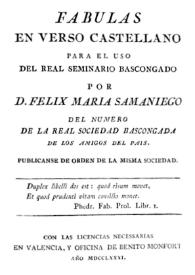 Portada:Fábulas en verso castellano para uso del Real Seminario Vascongado / por Félix María Samaniego