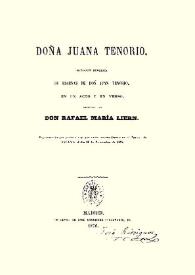 Portada:Doña Juana Tenorio : imitación burlesca de escenas de Don Juan Tenorio, en un acto y en verso / original de Rafael María Liern