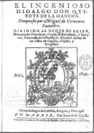 Portada:El ingenioso hidalgo Don Quixote de la Mancha / compuesto por Miguel de Ceruantes Saauedra