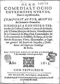 Portada:Ocho comedias, y ocho entremeses nueuos, nunca representados / compuestas por Miguel de Ceruantes Saauedra
