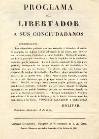 Portada:Proclama del Libertador a sus conciudadanos [Cartajena (sic), setiembre (sic) 18 de 1830]