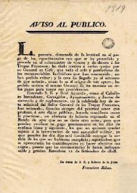 Portada:Aviso al publico, la penuria, dimanada de la lentitud en el pago de los repartimientos ... / de orden de S.E. y señores de la Junta , Francisco Ribas