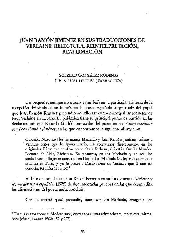 Juan Ramón Jiménez en sus traducciones de Verlaine  : relectura, reinterpretación, reafirmación / Soledad González Ródenas | Biblioteca Virtual Miguel de Cervantes