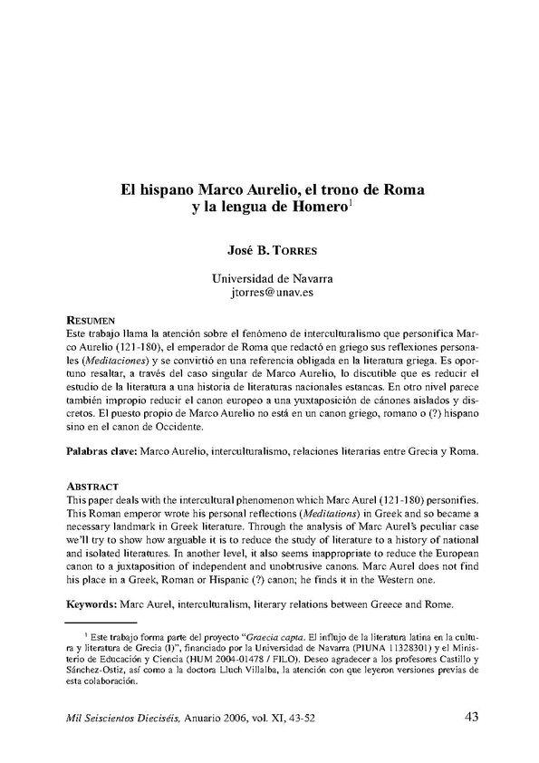 El hispano Marco Aurelio, el trono de Roma y la lengua de Homero / José B. Torres | Biblioteca Virtual Miguel de Cervantes