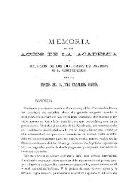 Portada:Memoria de los actos de la Academia y relación de los Concursos de premios en el presente curso / por El Excmo. Sr. Juan Catalina García