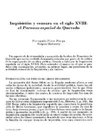 Portada:Inquisición y censura en el siglo XVIII : \"El Parnaso español\" de Quevedo / Fernando Plata Parga