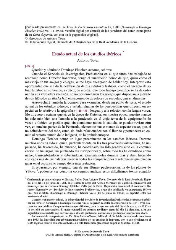 Estado actual de los estudios ibéricos / Antonio Tovar | Biblioteca Virtual Miguel de Cervantes
