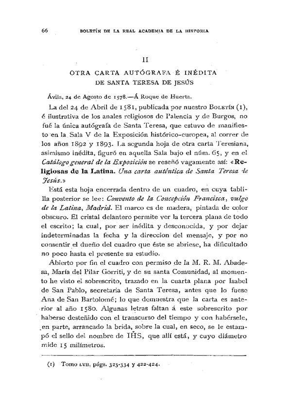 Otra carta autógrafa e inédita de Santa Teresa de Jesús / Fidel Fita | Biblioteca Virtual Miguel de Cervantes