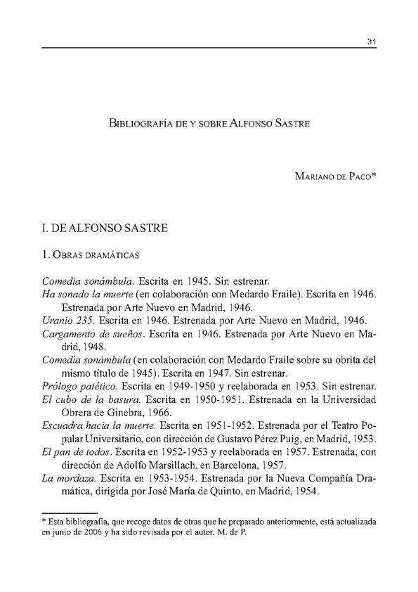 Alfonso Sastre. Bibliografía / Mariano de Paco | Biblioteca Virtual Miguel de Cervantes
