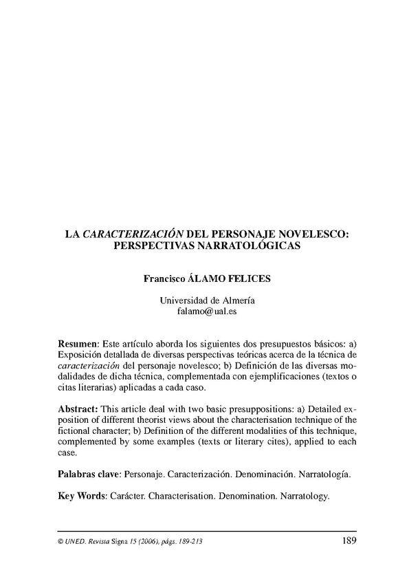 La caracterización "del personaje novelesco: perspectivas narratológicas" / Francisco Álamo Felices | Biblioteca Virtual Miguel de Cervantes