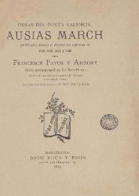 Portada:Obras del poeta valencià Ausiàs March publicadas tenint al devant las edicions de 1539, 1545, 1555 y 1560 / per Francesch Fayos y Antony