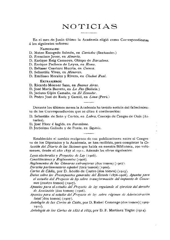 Noticias. Boletín de la Real Academia de la Historia, tomo 67 (julio-agosto 1915). Cuadernos I y II / F.F.; J.P. de G. | Biblioteca Virtual Miguel de Cervantes