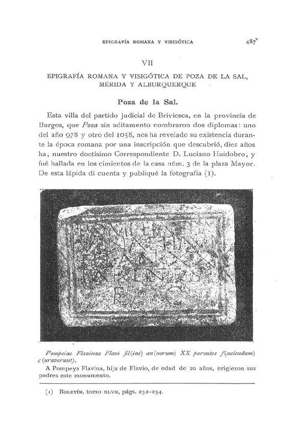 Epigrafía romana y visigótica de Poza de la Sal, Mérida y Alburquerque / Fidel Fita | Biblioteca Virtual Miguel de Cervantes