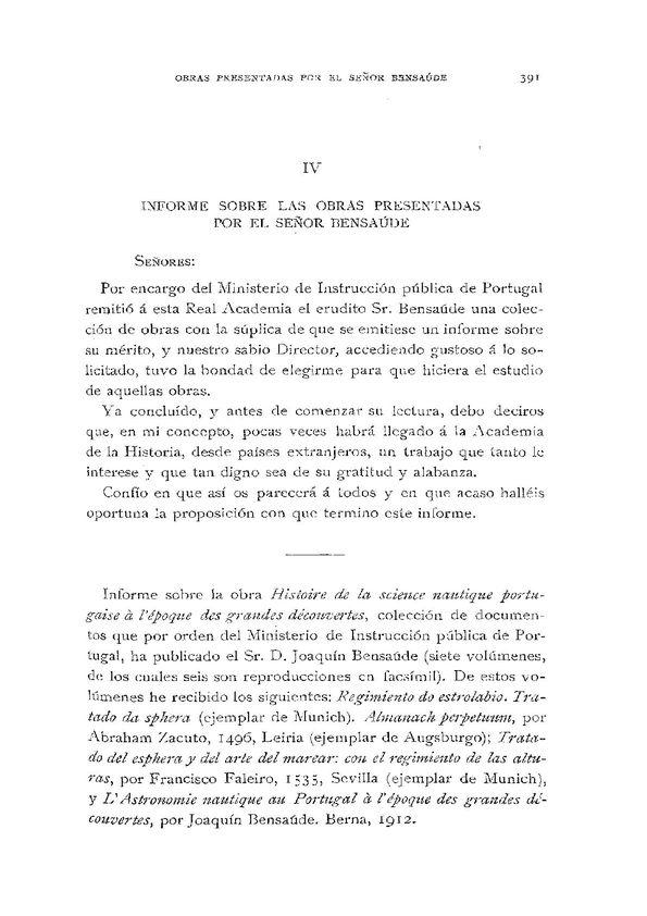 Informe sobre las obras presentadas por el Sr. Bensaúde / Pedro de Novo y Colson | Biblioteca Virtual Miguel de Cervantes
