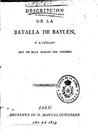 Portada:Descripción de la batalla de Baylen y auxilios que en ella dieron los vecinos