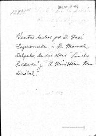 Portada:Contrato de D. José Espronceda con D. Manuel Delgado, por el cual el primero vende al segundo los derechos de propiedad de su novela \"Sancho de Saldaña\". Madrid, 5 febrero 1834
