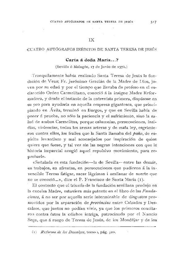 Cuatro autógrafos inéditos de Santa Teresa de Jesús / Bernardino de Melgar | Biblioteca Virtual Miguel de Cervantes