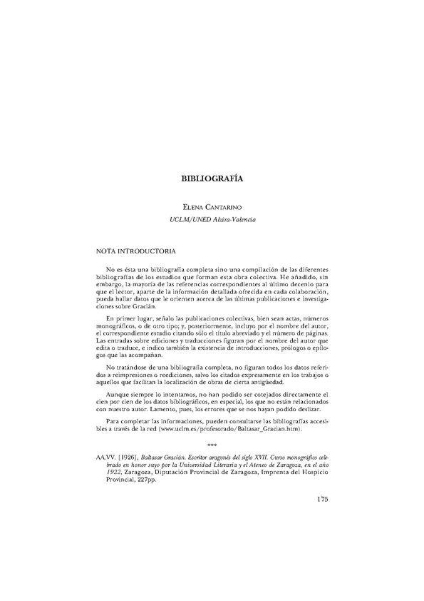 Bibliografía de Baltasar Gracián anterior al IV Centenario / María Elena Cantarino Suñer | Biblioteca Virtual Miguel de Cervantes