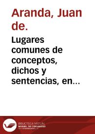 Portada:Lugares comunes de conceptos, dichos y sentencias, en diuersas materias / compuesto por el licenciado Ioan de Aranda ...