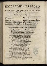 Portada:Entremes famoso de los inuencibles hechos de don quijote de la Mancha / compuesto por Francisco de Auila