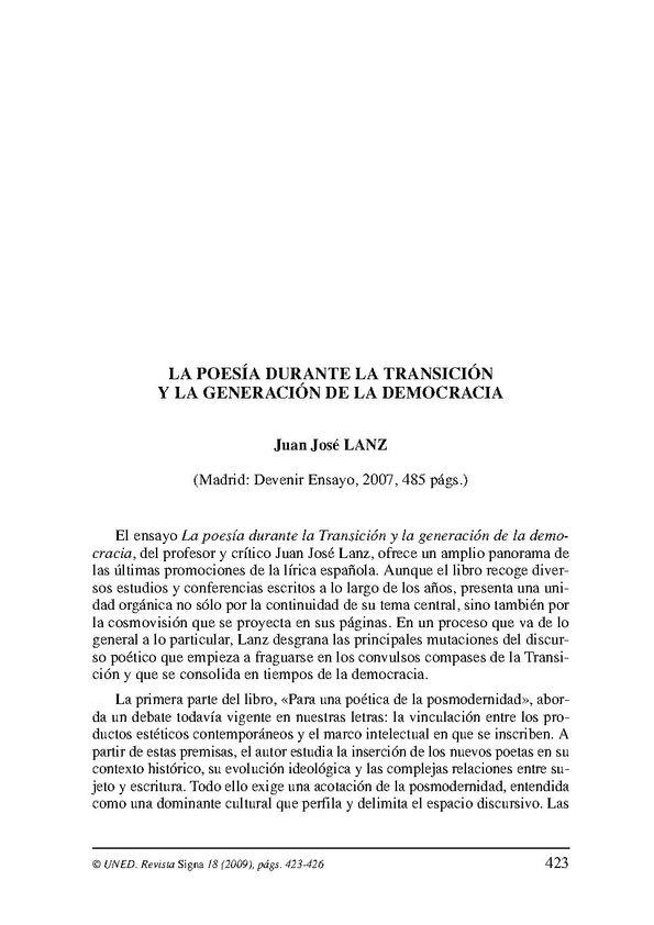 La poesía durante la Transición y la generación de la democracia / Luis Bagué Quílez | Biblioteca Virtual Miguel de Cervantes