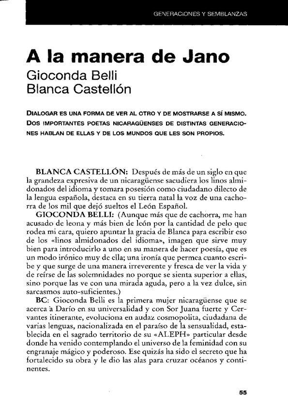 A la manera de Jano / Gioconda Belli ; Blanca Castellón | Biblioteca Virtual Miguel de Cervantes