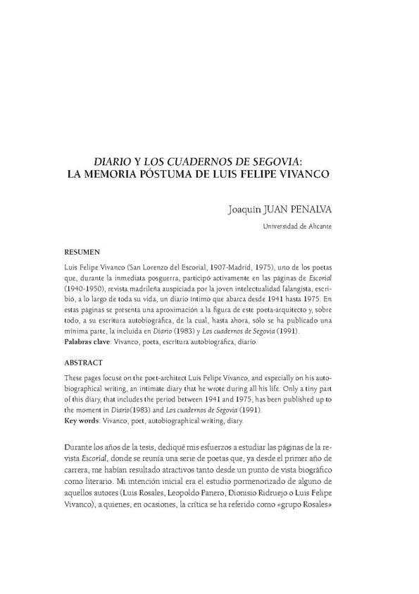 "Diario" y "Los cuadernos de Segovia": La memoria póstuma de Luis Felipe Vivanco / Joaquín Juan Penalva | Biblioteca Virtual Miguel de Cervantes