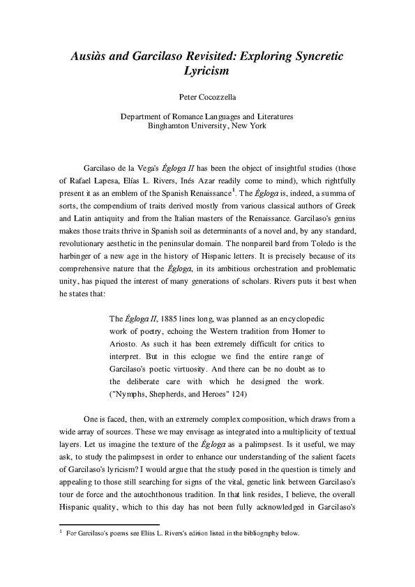 Ausiàs and Garcilaso Revisited: Exploring Syncretic Lyricism | Biblioteca Virtual Miguel de Cervantes