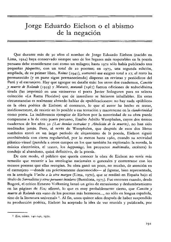 Jorge Eduardo Eielson o el abismo de la negación / José Miguel Oviedo | Biblioteca Virtual Miguel de Cervantes